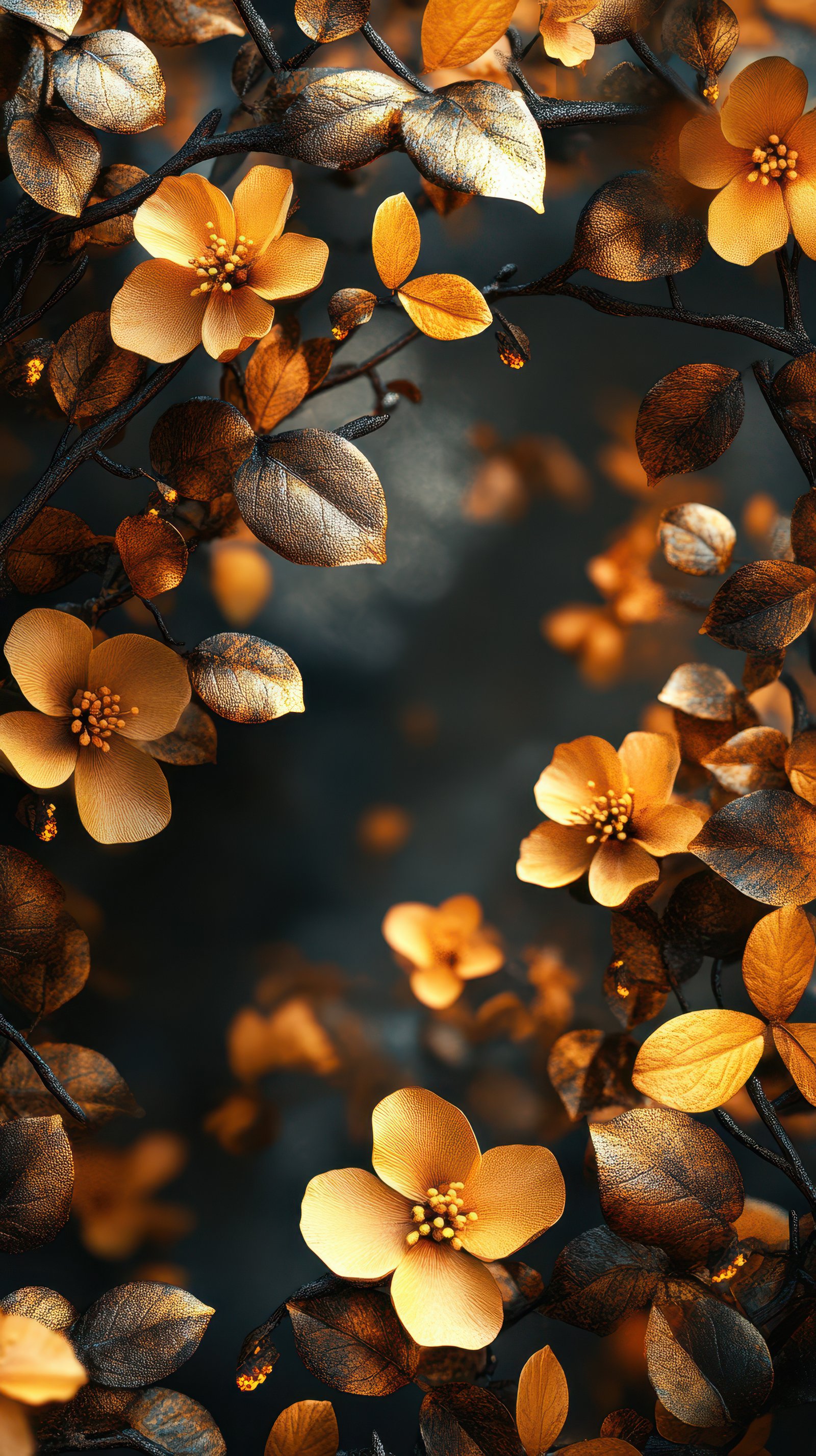 Golden blossoms emerge among dark leaves, creating a striking and vibrant natural display in springtime